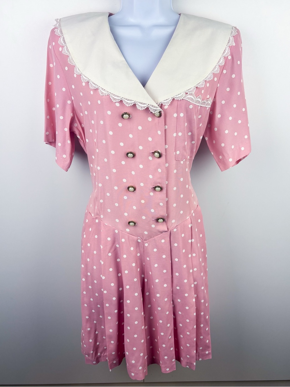 Vintage 80s Polka Dot Lace Collar Button Pink White Romper Coquette Retro Barbie - Picture 9 of 10